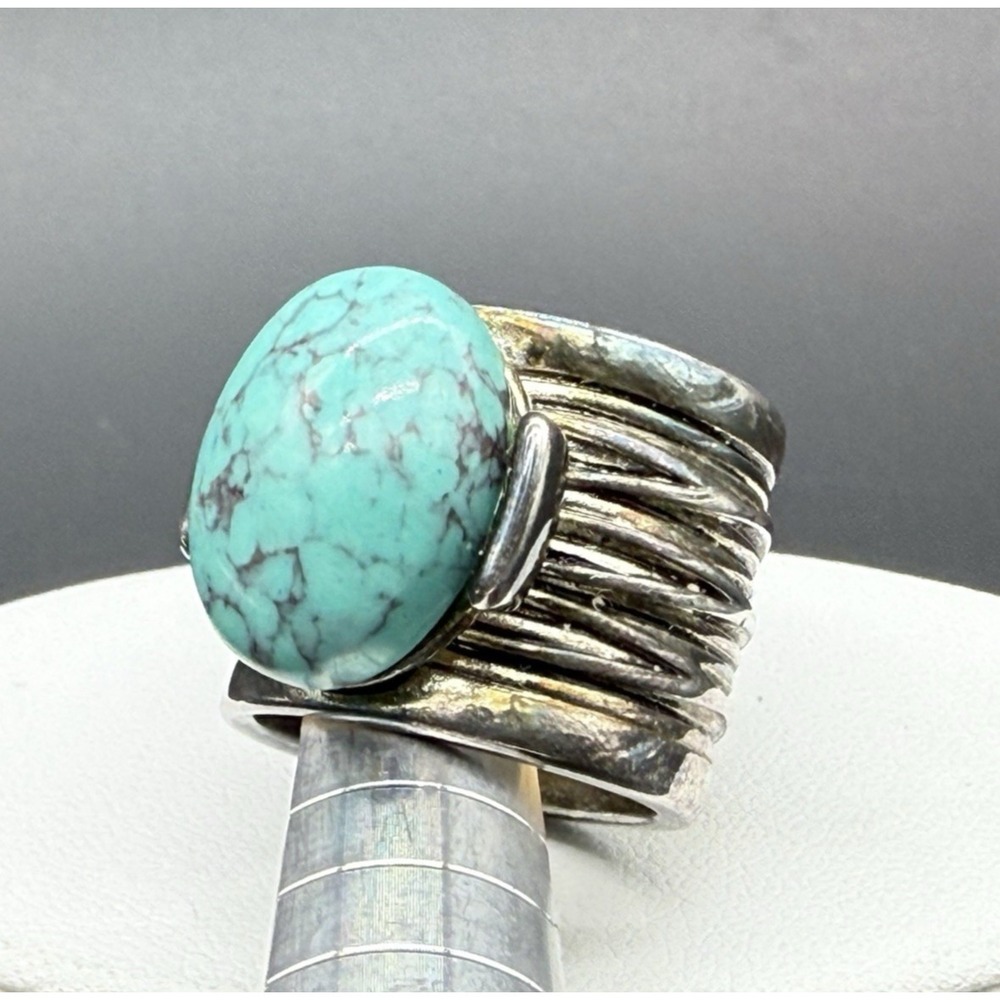 Vintage Faux Turquoise Silver Tone Ring Wide Cigar Band Y2K Statement Size 5.5